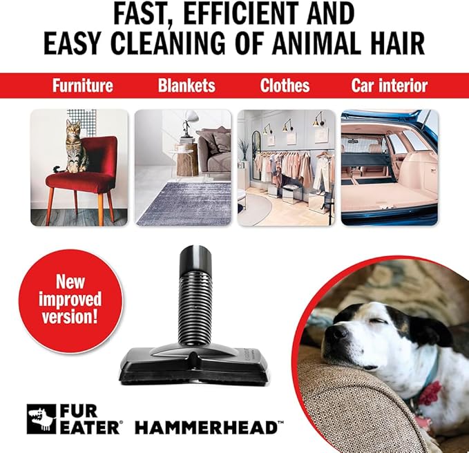 FurEater Vacuum Cleaner Brush Attachment for Removing Pet Hair (2.0 Improved Version) Cats & Dogs Lint Remover for Furniture, Carpets, Car Detailing, Universal Fit with Adapter 1 1/4 and 1 3/8 inches