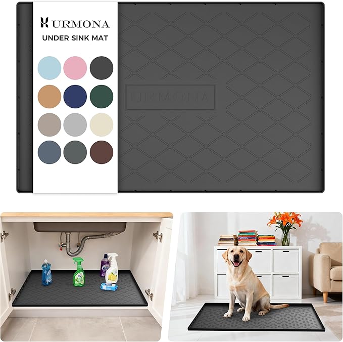 URMONA Under Sink Mat for Kitchen Waterproof, 34" x 22" Silicone Under Sink Mat for Shelf Liner Organizer, Cabinet Sink Protector Under Sink Liner for Bottom Kitchen, Bathroom(Black)