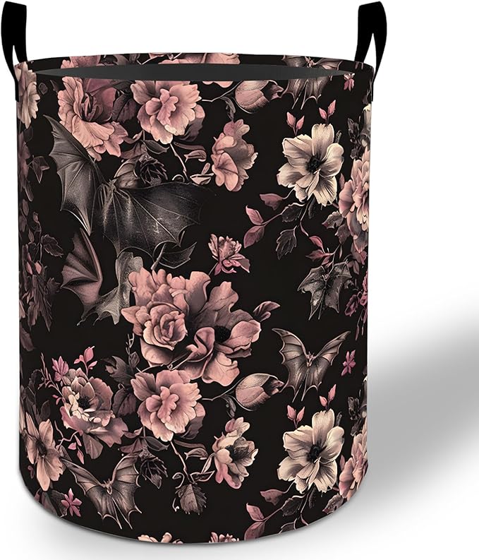 Gothic Bat and Floral Laundry Basket Hamper 19.7"x15.8", Goth Foldable Waterproof Oxford Clothes Storage Bucket for Room Bathroom Bedroom Nursery Decor, Toy Organizer Bins Gifts for Kids Boys Girls