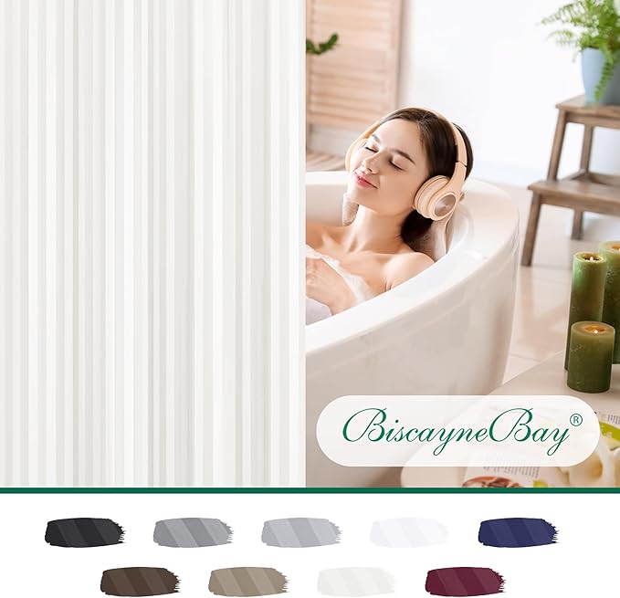 Biscaynebay Fabric Shower Curtain or Liner 72" by 72", Ivory Water Repellent Damask Stripes Bathroom Curtains Machine Washable