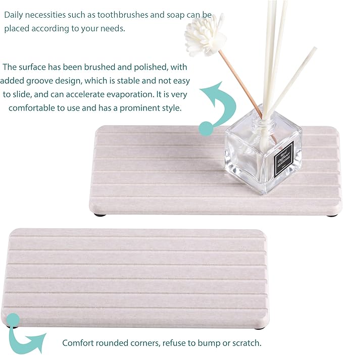NiuYichee 2 PCS Water Absorbent Diatomite Coasters Rectangle, Grooved Design, Water Absorbing Stone Used for Hand Soaps & Plants & toiletries in The Modern Home