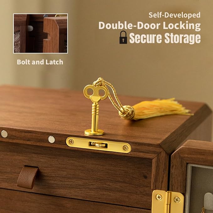 Kinsuite Black Walnut Jewelry Box - 5-tier Jewelry Organizer with Secure Double-Door, Safe with Lock for Earring, Ring, Necklace, Bracelets