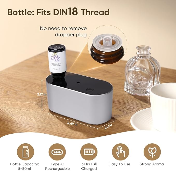 Waterless Diffuser for Home Essential Oil Diffuser, Aromatherapy Diffuser, Portable Scent Diffusers, 3 Mist Modes, Cycle Start for Bedroom, Office Studio 350-700 sq. ft Silver