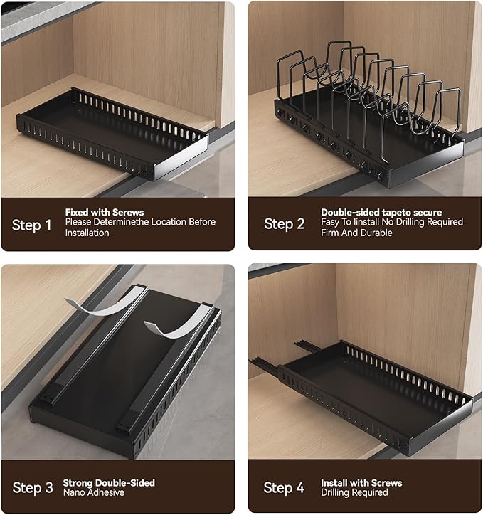 WOSHEN Pot Lid Organizer, Pull-out Pots and Pans Organizer, Under Cabinet Pot Lid Holder for Kitchen, Pots and Pans Storage with 8 Adjustable Dividers (Black, Sliding type)