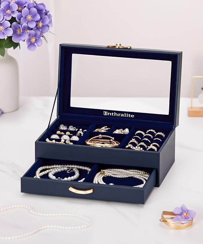 Jewelry Box with 1 Drawers: Display Organizer for Earrings Necklaces - Gifts for Girls Women (Dark Blue)