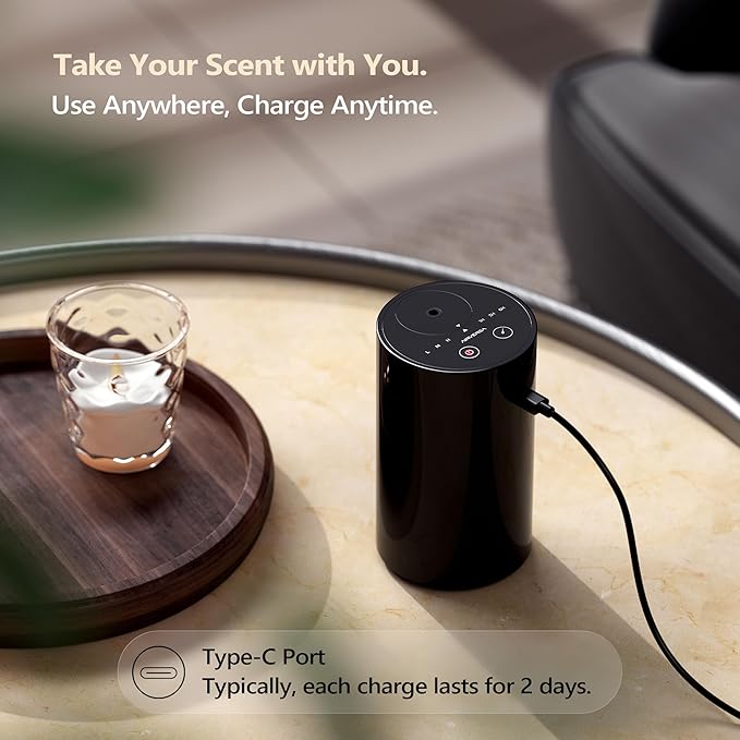 Airversa Waterless Essential Oil Diffuser Starter Kit with 4 x 10mL Hotel Scent Fragrance Oil, Battery Operated Mini Scent Air Machine Portable Diffuser for Home Car Office, AN8 Kit Black