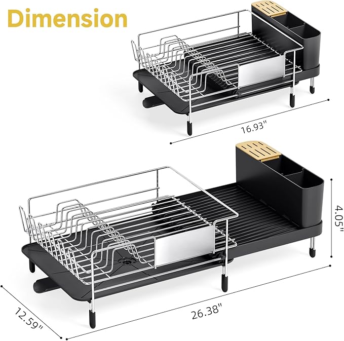 Urackify Large Dish Drying Rack - 304 Stainless Steel Dish Rack for Kitchen Counter, Extendable Dish Drainers with Cutlery & Cup Holders, Black