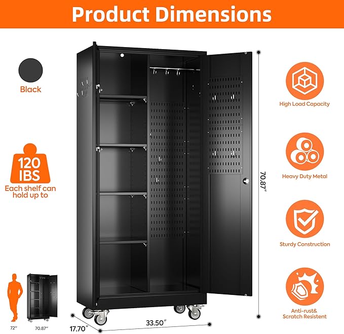 17.7" D×33.5" W×70.87" H Broom Closet Storage Cabinet with Wheels and Pegboard,Garage Storage Cabinet with Doors,Adjustable Shelves for Garage Home,Required Assembly,Black