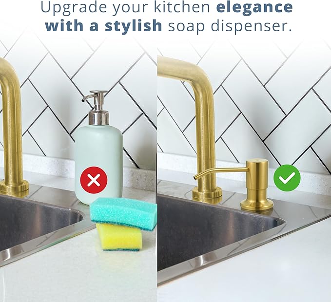 SBEN Built-in Kitchen Sink Soap or Lotion Dispenser Set, Stainless Steel, Gold Brushed Pump, 17 oz PET Bottle, Durable ABS Head, 360° Rotation (Gold Brushed)