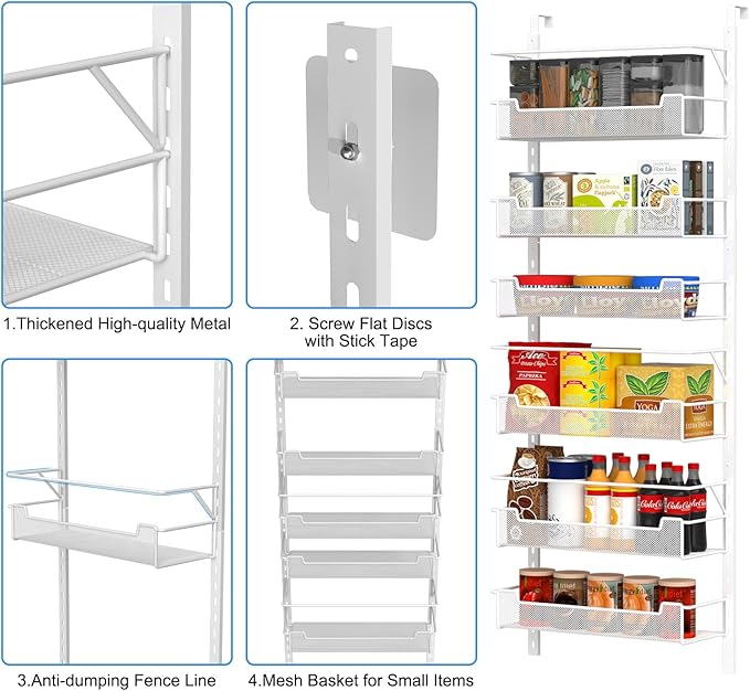 VyGrow Over the Door Pantry Organizer, 6-Tier Over the Door Organizer with Adjustable Basket, Pantry Door Organization for Pantry Kitchen Storage Room Spice Rack, White