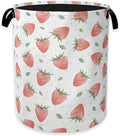 Watercolor Pink Strawberry Laundry Hamper,Green Leaves Collapsible Laundry Baskets,Waterproof Oxford Cloth Laundry Room Organization for Bedroom,Bathroom,Nursery,16x20 Inch