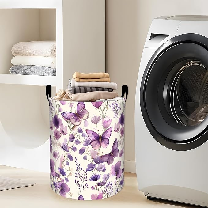 Watercolor Butterfly and Wildflowers Laundry Basket with Handles, 19.7"x15.7" Clothes Foldable Laundry Hamper Organizer for Dorm Nursery Bedroom Bathroom Decor, Toy Storage Bin for Kids