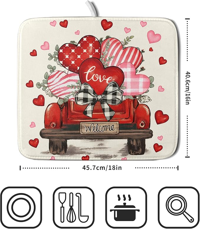 Valentines Day Red Truck Dish Drying Mat for Kitchen Counter 18x16 Inch Pink Heart Drying Mat with Absorbent Reversible Microfiber Love Dish Drainer Mats Rack Pad for Coffee Countertop Protector
