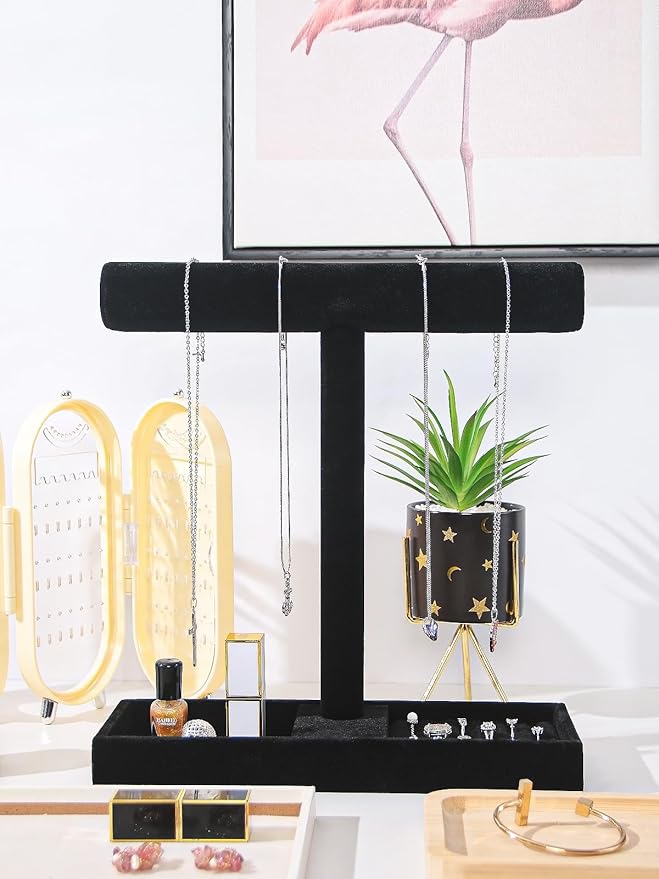 Justsoso Multi-Use Jewelry Holder Stand, Necklace Bracelet Ring Organizer Stand, Scrunchie Watches Velvet Jewelry Holder Stand With Tray for Women Home Use(Black Color)