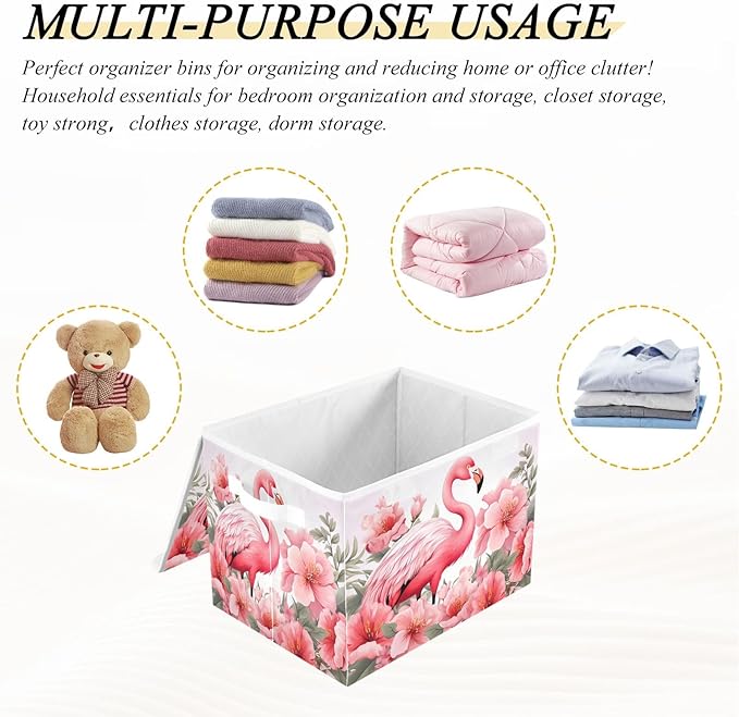 Bolaz Storage Bins with Lids and Handles,Pink Flamingo Storage Box Storage Basket with Cover Collapsible Organizer Containers for Home Closet, Shelves