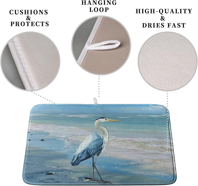 Kwlegh Summer Blue Dish Drying Mat for Kitchen Counter 16x18 Inch Heron Coastal Beach Drying Mats Nautical Ocean Bird Dishes Drainer Mats Microfiber Absorbent Dish Rack Pad
