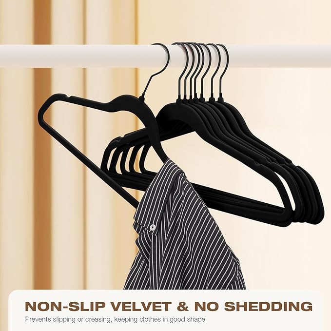 50 Pack Black Velvet Hangers,Coat Hanger Non Slip,Heavy-Duty,Space Saving,Slim Clothes Hangers for Pants,Outfit,Skirts,Suits,Coats,Dresses ect.Felt Hanger with Black 360°Swivel Hook