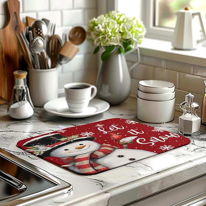Wnoesat Snowman Christmas Dish Drying Mat Winter Drying Mats for Kitchen Counter Xmas Holiday Red Dish Draining Mat Microfiber Absorbent Reusable Dish Rack Pad 16x18 Inch