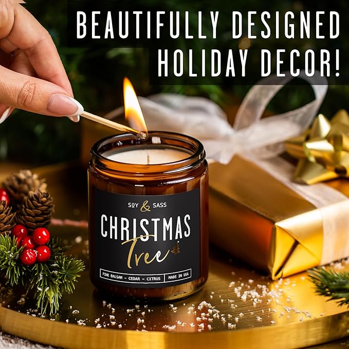 Christmas Tree Candles, Christmas Candles Scented - 'Christmas Tree' Soy Candle w/Balsam, Cedar & Citrus - Infused with Essential Oils I Balsam Pine Candle I 9oz, 50Hr, USA Made