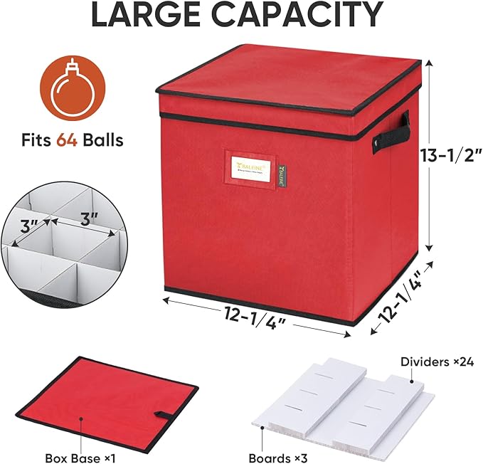 BALEINE Christmas Ornament Storage Box with Dividers, Premium Holiday Ornaments Storage Container Bin for Xmas Decorations (64 Ball, Red, Without Tray)