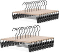 Nature Smile Deluxe Beech Wooden Pants Hangers Bottom Hanger Jeans Hanger Trousers Skirt Hanger with 2-Adjustable Black Matt Clips and Hook 20 Pack (Natural Wood+Black Metal)