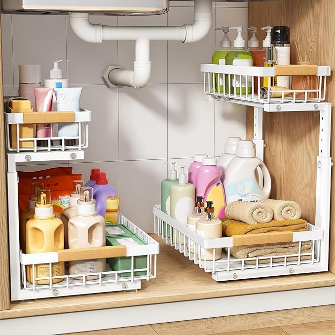PXRACK(Small Version)2 Pack Under Sink Organizer,Adjustable Height,2 Tier Pull Out Under Cabinet Organizer,Slide Out Thickened Metal Storage Shelf for Kitchen Bathroom Laundry Pantry Cabinet,White