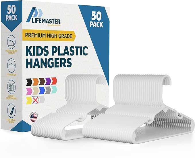 Lifemaster Plastic Kids Clothes Hanger – Children Clothes Hanger with Shoulder Notch, 11.6 Inch Space-Saving Closet Organizer for Baby, Toddler, and Kids Clothing, Hold Up to 5 lbs, Pack of 50, White