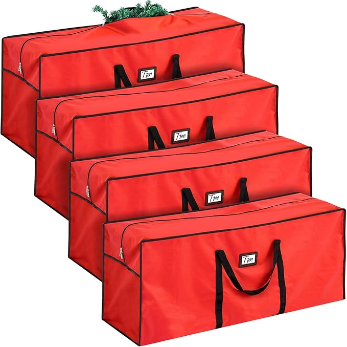 Paterr 4 Pack 7.5 ft Christmas Tree Storage Bags 600d Oxford Heavy Duty Waterproof Disassembled Holiday Tree Storage Box Container with Handles and Zippers(Red)
