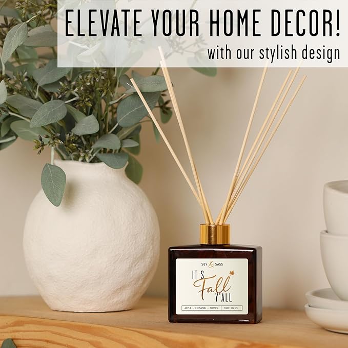 Fall Reed Diffusers for Home Set, Fall Diffuser -It's Fall Y'all! w/Apple, Cinnamon & Nutmeg I Infused w/Essential Oils I Fall Smells for House I 5.75 OZ Oil Scent Lasts 4-6 Month's, Made in The USA