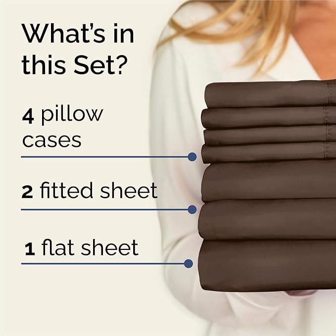 Split King 7 Piece Sheet Set - Comfy Breathable & Cooling - Ultra-Soft Hotel Luxury Bedding Set w/ 8-16 Inch Deep Pockets - 1 Flat & 2 Fitted Sheet & 4 Pillowcases - Wrinkle Free & Easy Care - Brown