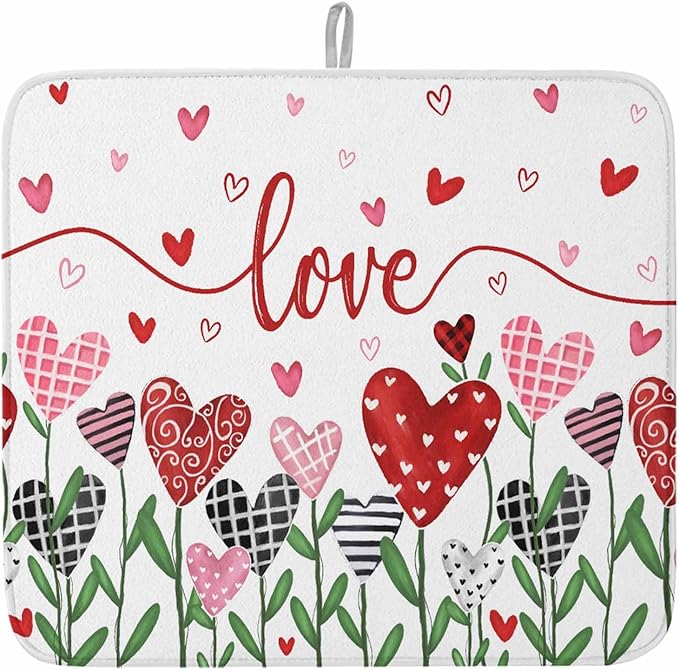 Valentine's Day Dish Drying Mat for Kitchen Counter Pink Red Love Drying Pad Absorbent Drying Mats for Countertops Sinks Draining Racks Romantic Drainer Holiday Decorations 18x24 Inch
