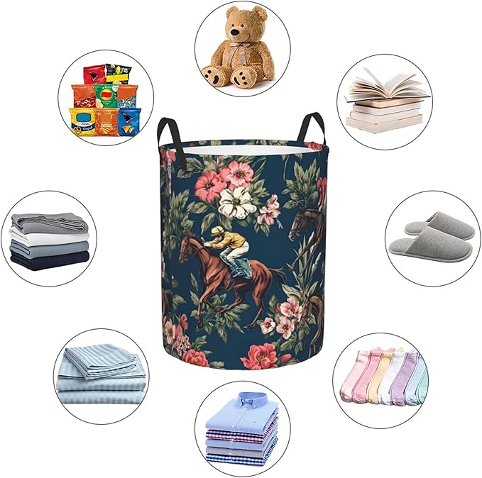 Large Laundry Basket with Handles, Horse Racing Floral Print, Navy Blue, 19.6x15.7 Inches, Collapsible Storage Bin (Horse Racing)
