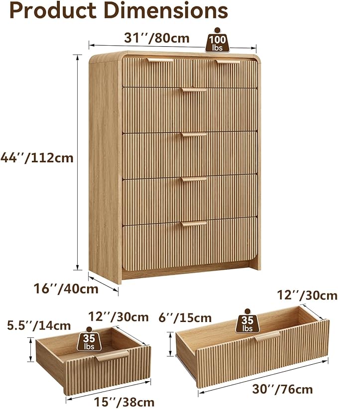 Fluted 6 Drawer Dresser for Bedroom, 44" Tall Modern Chest of Drawers, Curved Profile Design, Vertical Storage Dresser Organizer for Living Room, Hallway, Natural Oak