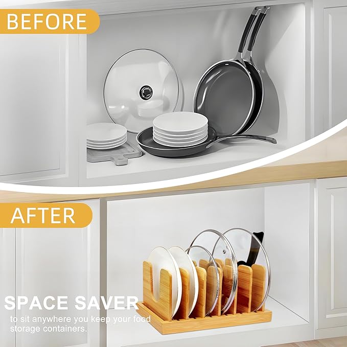 MinBoo Bamboo Pot Lid Organizer Pot Lid Holder, Pot and Pan Organizer Drawer Organizer for Pot Lids, Pans, Cutting Boards & Baking Sheets, Dinner Plates