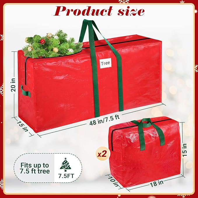 Christmas Tree Storage Bag 7.5 Ft With 2 Large Tinsel Garland Bags, Waterproof Material, Reinforced Handles & Dual Zipper (Red)