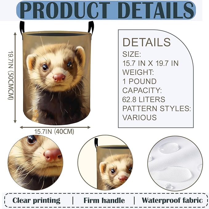 Ferret Laundry Basket Hamper 19.7"x15.8", Cute Animal Foldable Waterproof Oxford Clothes Storage Bucket for Room Bathroom Bedroom Nursery Decor, Toy Organizer Bins Gifts for Kids Boys Girls