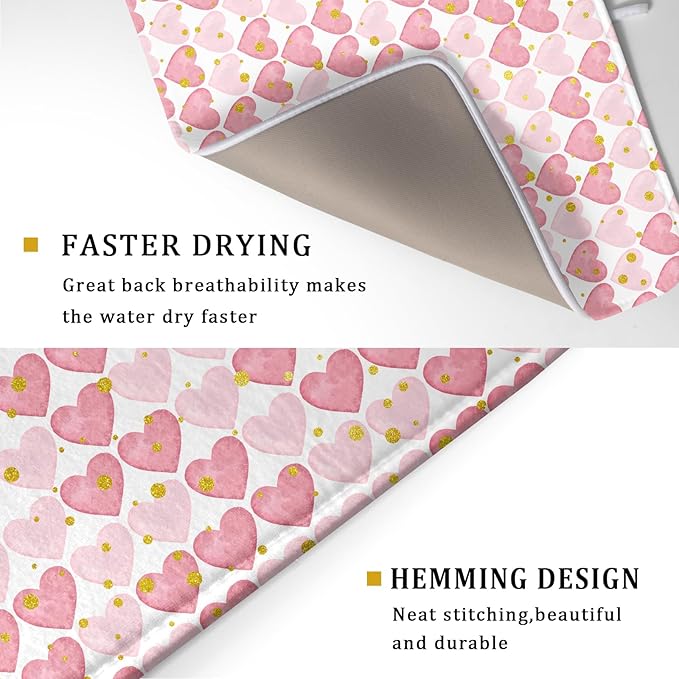 Valentines Day Dish Drying Mat for Kitchen Counter 24x18 Inch Love Drying Mat with Absorbent Reversible Microfiber Golden Pink Heart Dish Drainer Mats Rack Pad for Coffee Countertop Protector