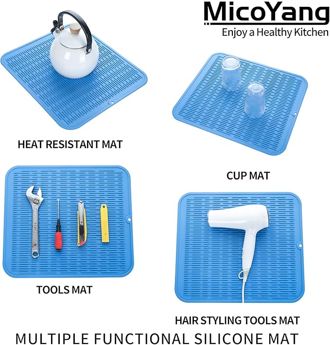 MicoYang Silicone Dish Drying Mat for Multiple Usage,Easy clean,Eco-friendly,Heat-resistant Silicone Mat for Kitchen Counter or Sink,Refrigerator or Drawer Liner Lichen BlueL XL 18 inches x 16 inches