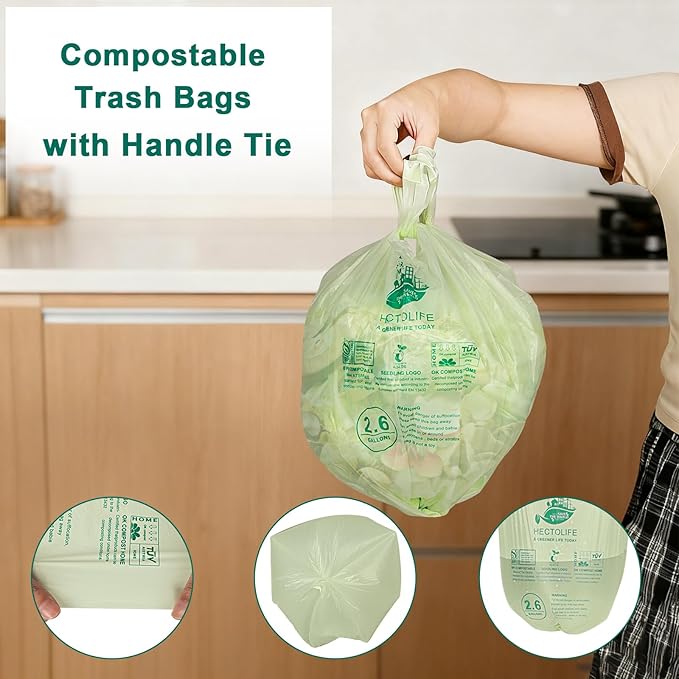 HECTOLIFE 2.6 Gallon 100 Count,Compostable Bags Handle Tie,Tear Resistant Kitchen Food Scrap Waste Bag, ASTM D6400, US BPI and Europe OK Compost Home Certified