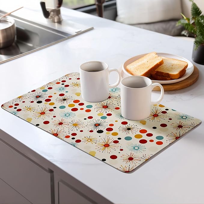 Mid Century Modern Dish Drying Mat for Kitchen Counter Microfiber Super Absorbent Non-Slip Dish Drying Pad for Countertops Dishes Utensils Stylish Quick-Dry Machine Washable 18x24 Inch
