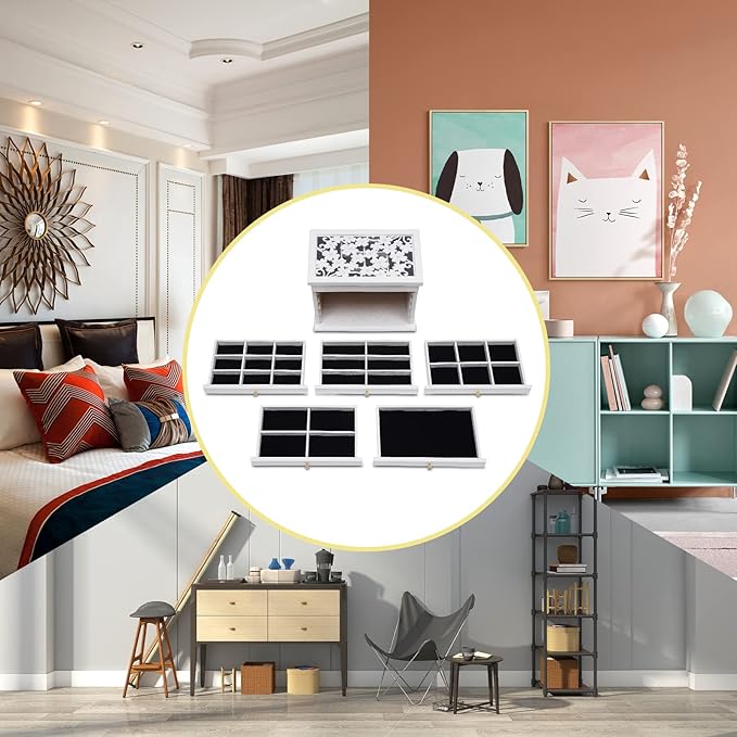 Jewelry Box,Wooden Jewelry Organizer,6 Layers Large Capacity Jewelry Holder Watches Necklace Ring Storage Box (White 2)