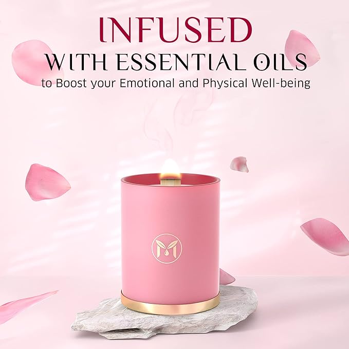 MyrrhUSA Rose Scented Candle – 15 oz Natural Soy Wax with Crackling Wooden Wick & Essential Oils | 80 Hour Burn | Luxury Aromatherapy Candle for Relaxation, Home Décor, Living Room & Bathroom