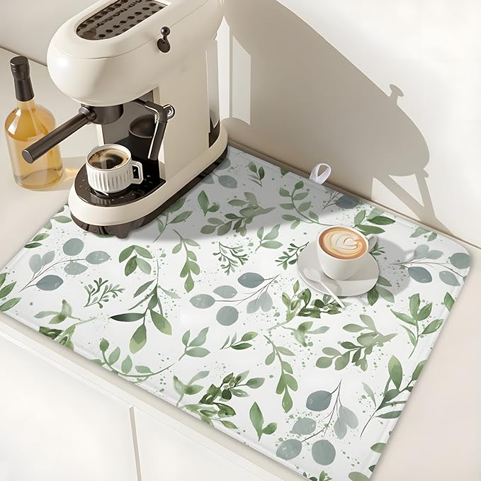 ABSOP Spring Summer Sage Green Leaves Dish Drying Mat 16 x 18 Inch Spring Eucalyptus Leaf Dish Drainer Rack Mat Absorbent Microfiber for Holiday Kitchen Coffee Dining Bar Decor
