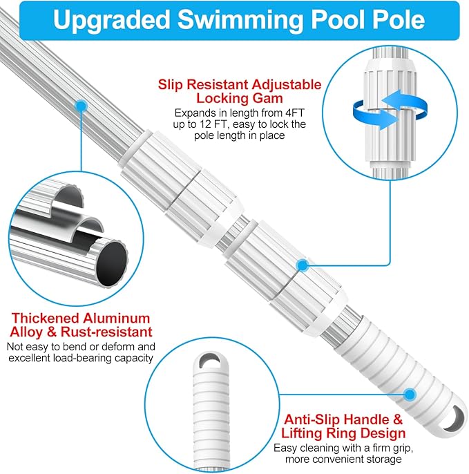 YEECHUN Professional Thicken 12 Foot Swimming Pool Pole Telescopic Aluminum Fits Pool Net Skimmer Rake Vacuum Head Brush Cleaning Equipment Heavy Duty,for Skimmer Nets, Vacuum Heads and Brushes