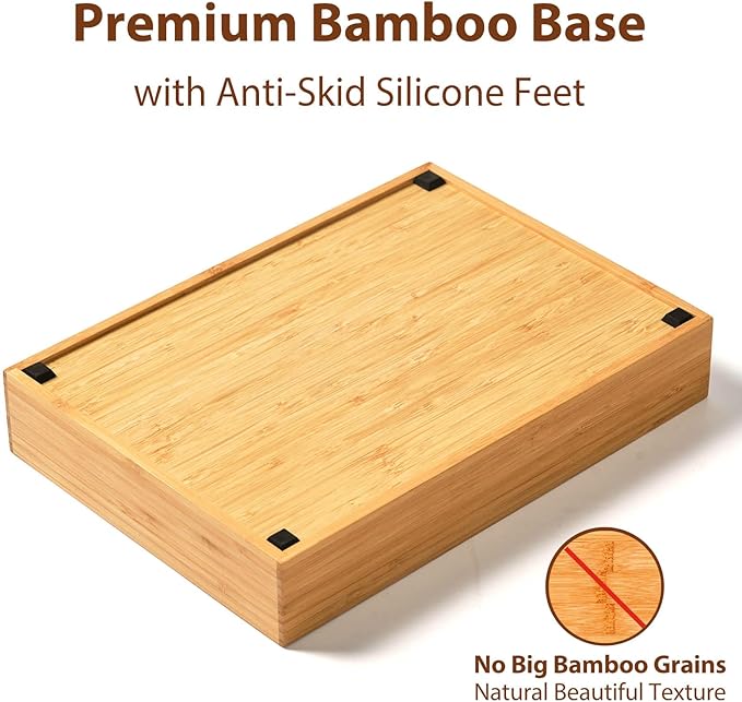 Umilife Kitchen Drawer Organizer, 10 Inch Silverware Utensil Tray Holder, Extra Deep, with Non-Slip Feet & Grooved Drawer Divider, 5 Slots Total Bamboo Wood Caddy for Flatware Cutlery Knives