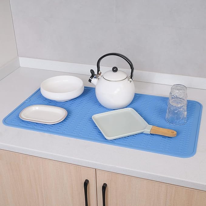 MicoYang Silicone Dish Drying Mat for Multiple Usage,Easy clean,Eco-friendly,Heat-resistant Silicone Mat for Kitchen Counter or Sink,Refrigerator or Drawer Liner Lichen BlueL 4XL 32 inches x 18 inches