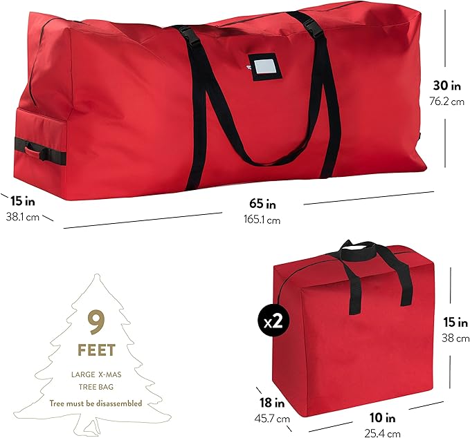 ZOBER Christmas Tree Storage Bag - With 2 Ornaments Accessories/Garland Bags - Fits 9 Ft Trees - 600D Oxford Fabric Christmas Tree Bag For Storage Box For Xmas - Strong, Durable Handles - Red