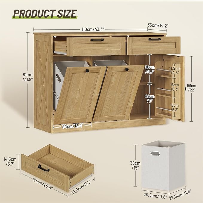 Double Tilt Out Laundry Hamper Cabinet, 43.3" Laundry Storage Cabinet with 2 Removable Baskets, Farmhouse Wooden Hidden Trash Bin Cabinet with Open Shelving, for Bathroom, Natural