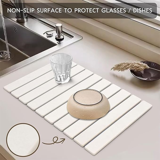 Stone Drying Mat for Kitchen Counter, Stone Dish Drying Mat Foldable, Super Absorbent Diatomaceous Earth Quick-drying Draining Mat for any Kitchen Countertop (White B, 23.6”x15.4”)