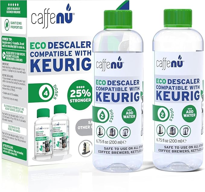 Keurig Compatible Descaling Solution. 2 Bottles of Descaler Solution. Descaling Kit Removes Limescale For Hotter Coffee. 4 Uses Descaler For Keurig Coffee Makers.